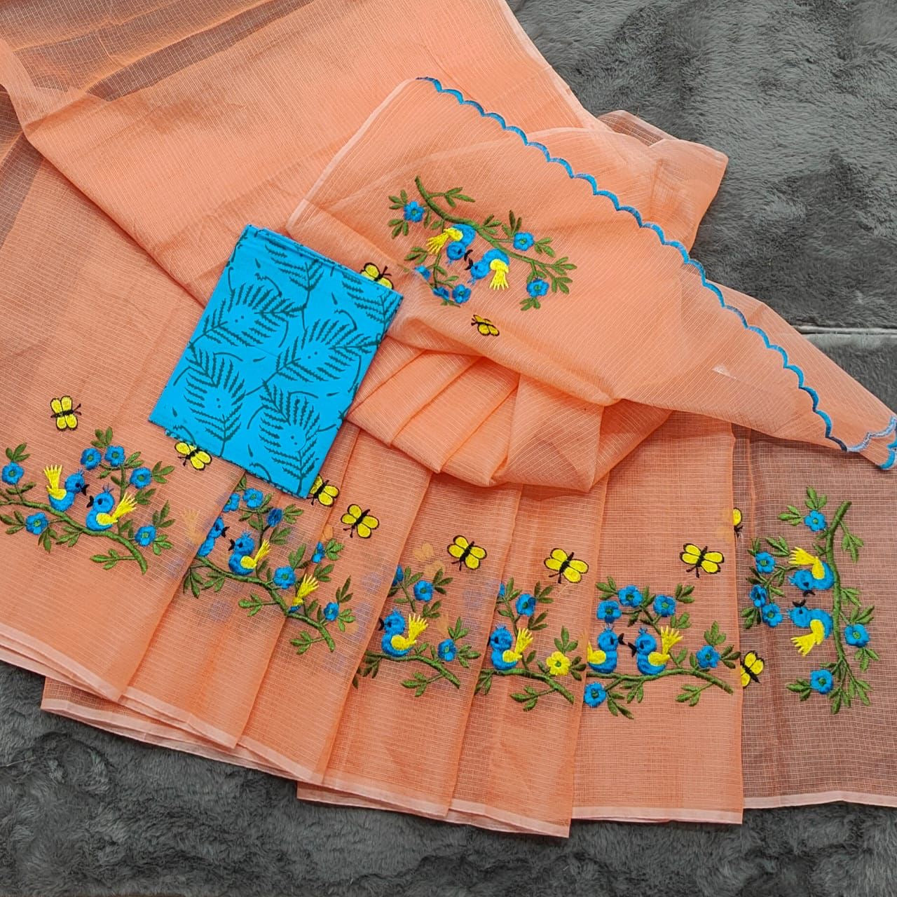 Soft Net Kota Embroidery Saree with Printed Blouse