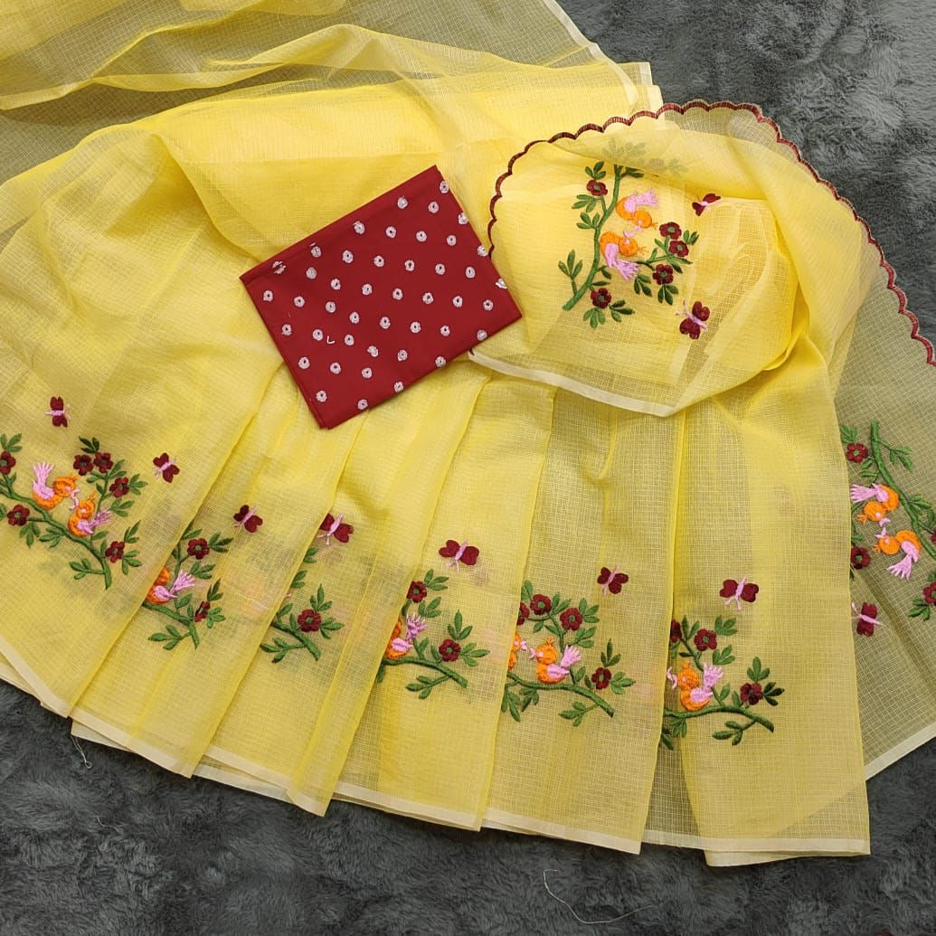 Soft Net Kota Embroidery Saree with Printed Blouse