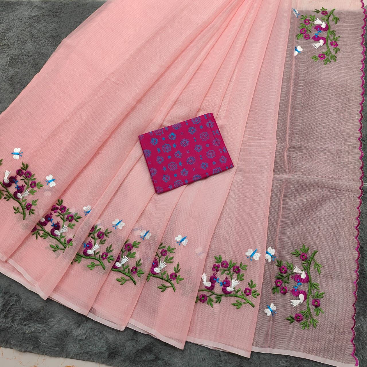 Soft Net Kota Embroidery Saree with Printed Blouse