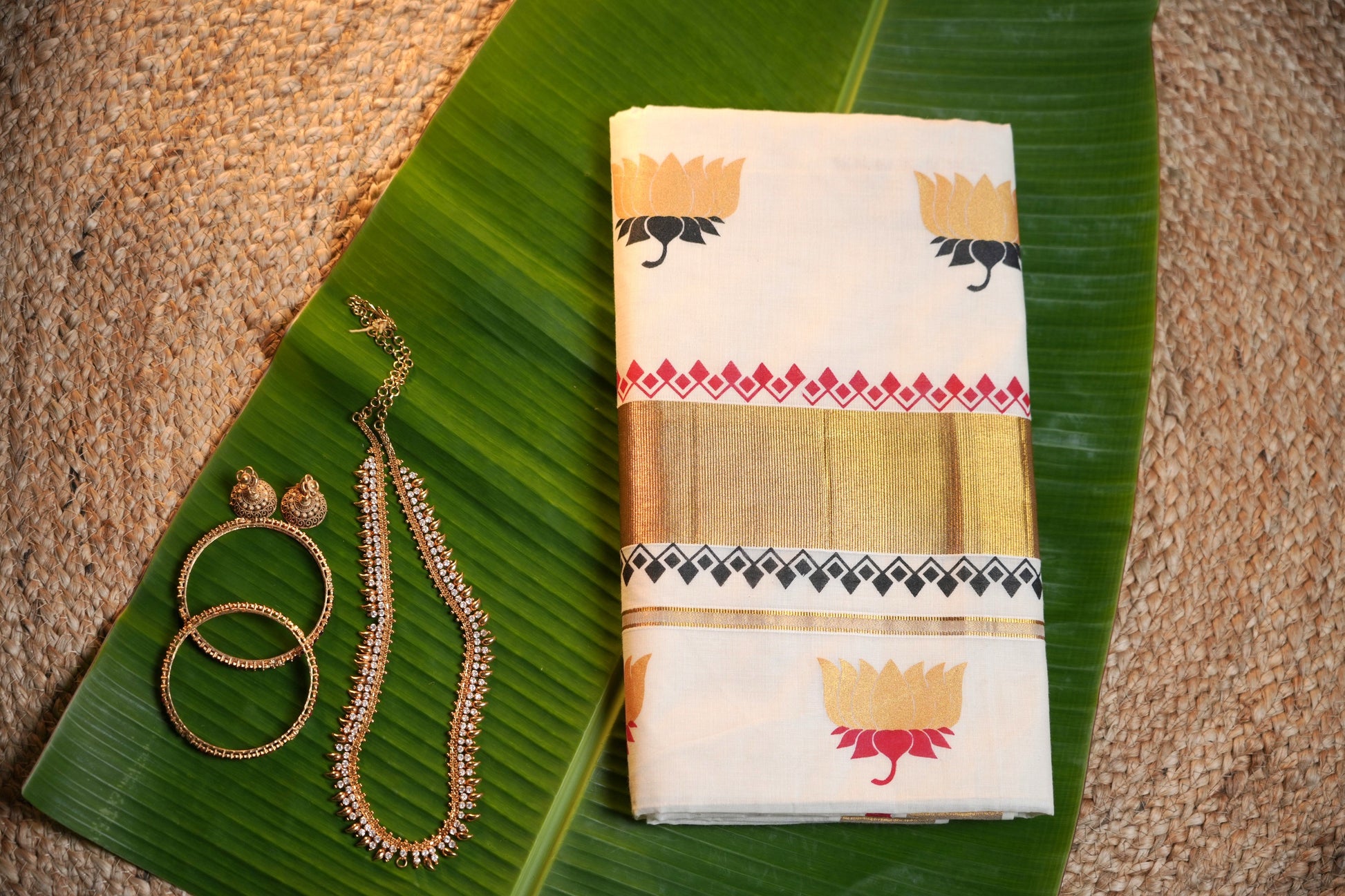 Kerala Set Saree - Lotus Print