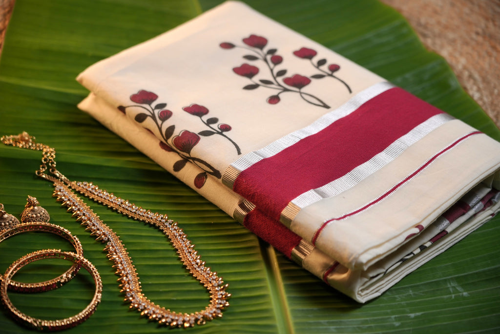 Kerala Set Saree with Floral Print-Red