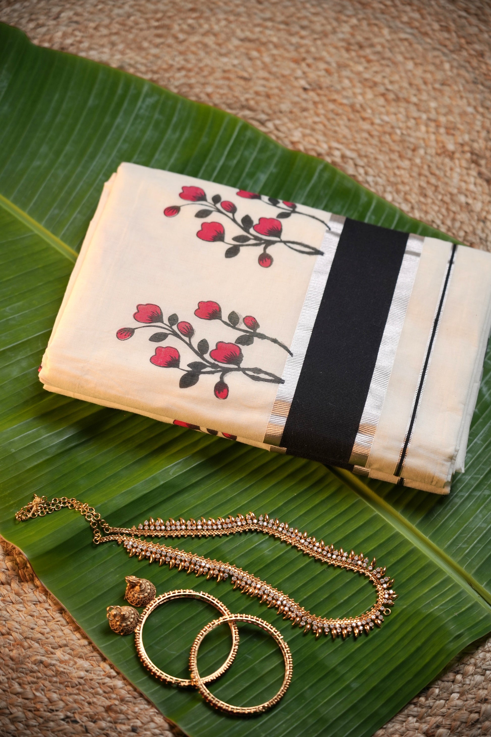 Kerala Set Saree with Floral Print -Black