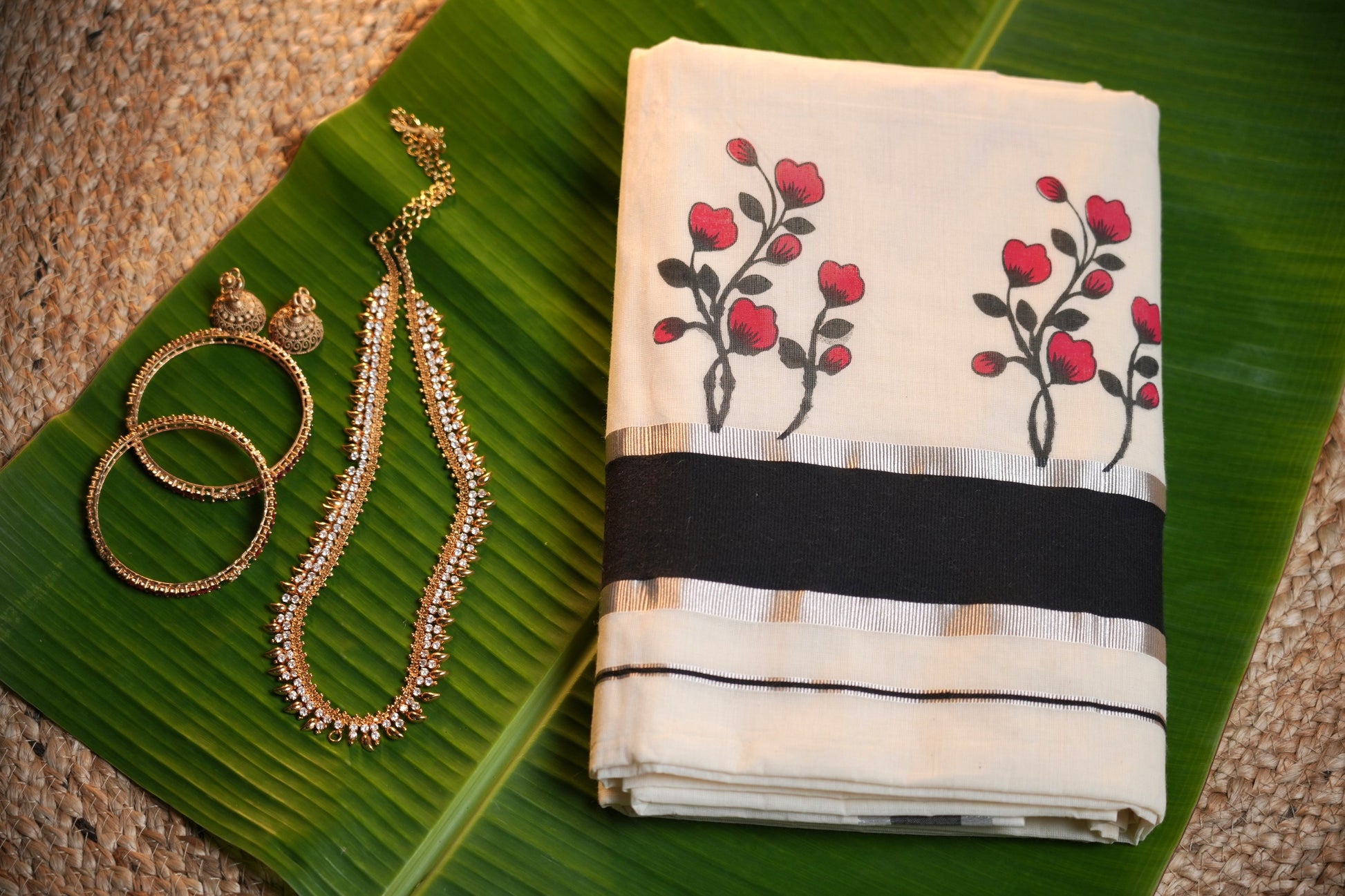 Kerala Set Saree with Floral Print -Black