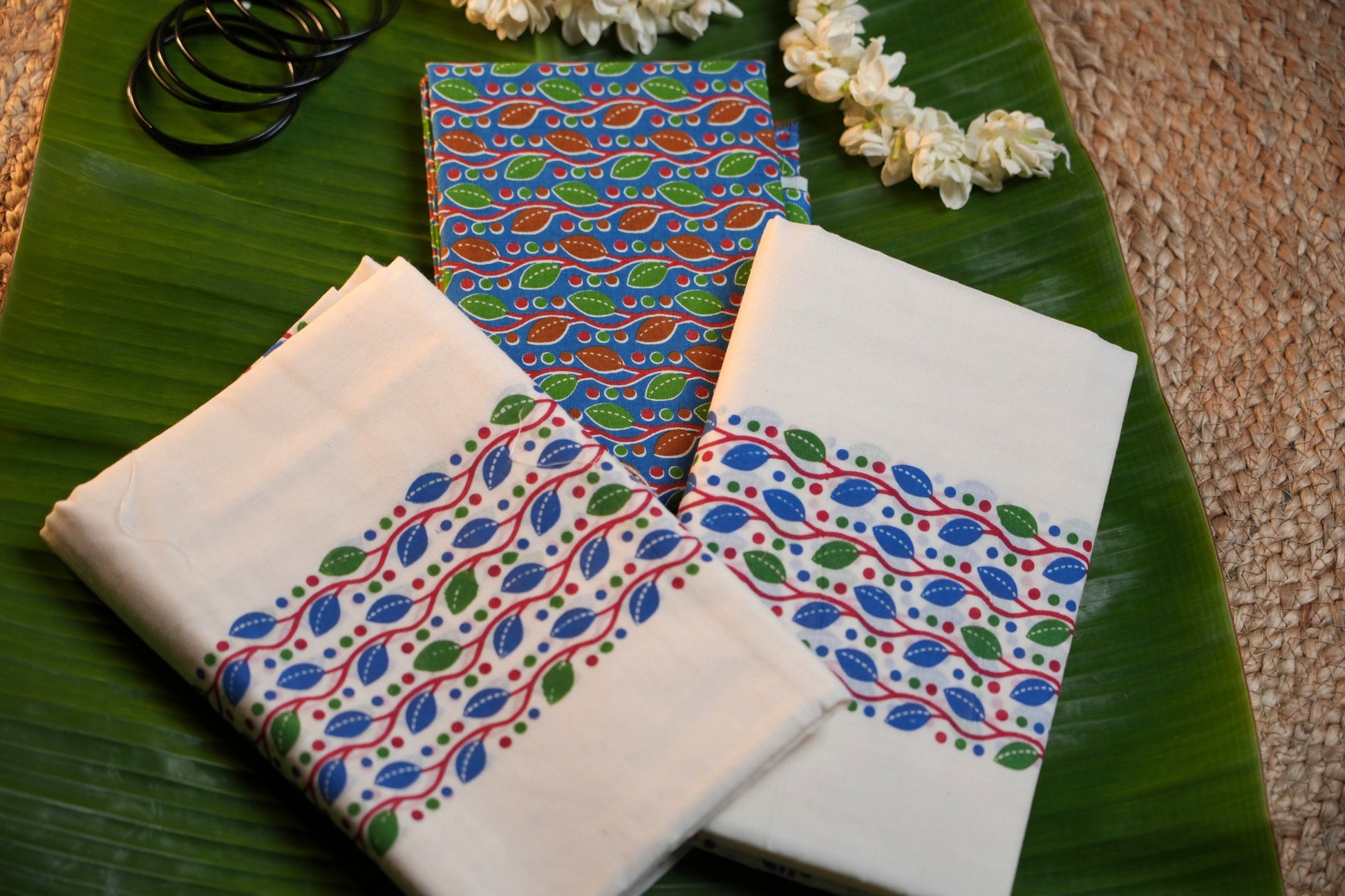 Kerala Traditional Set Mundu with Ajrakh Print & Blouse