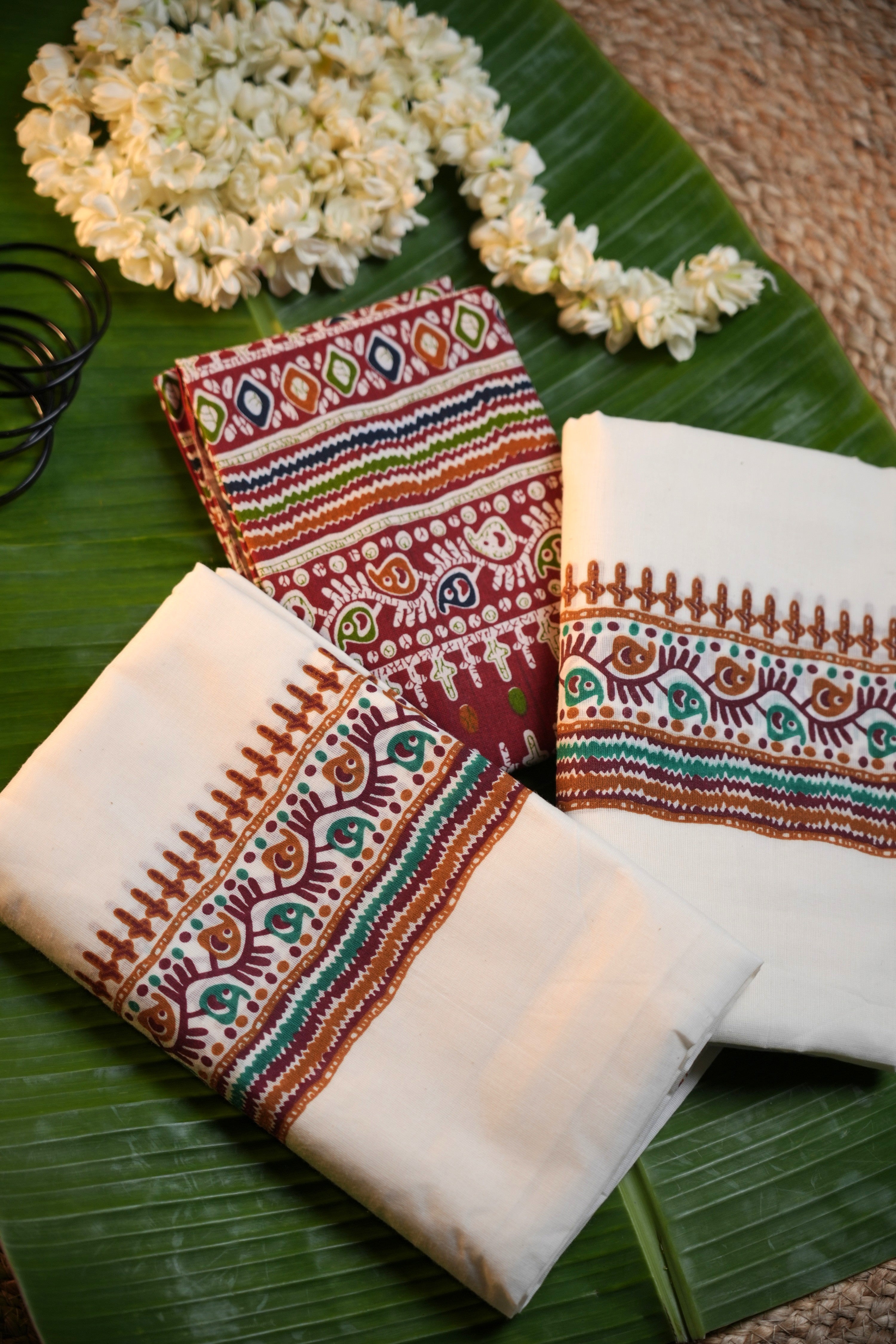 Kerala Traditional Set Mundu with Ajrakh Print & Blouse