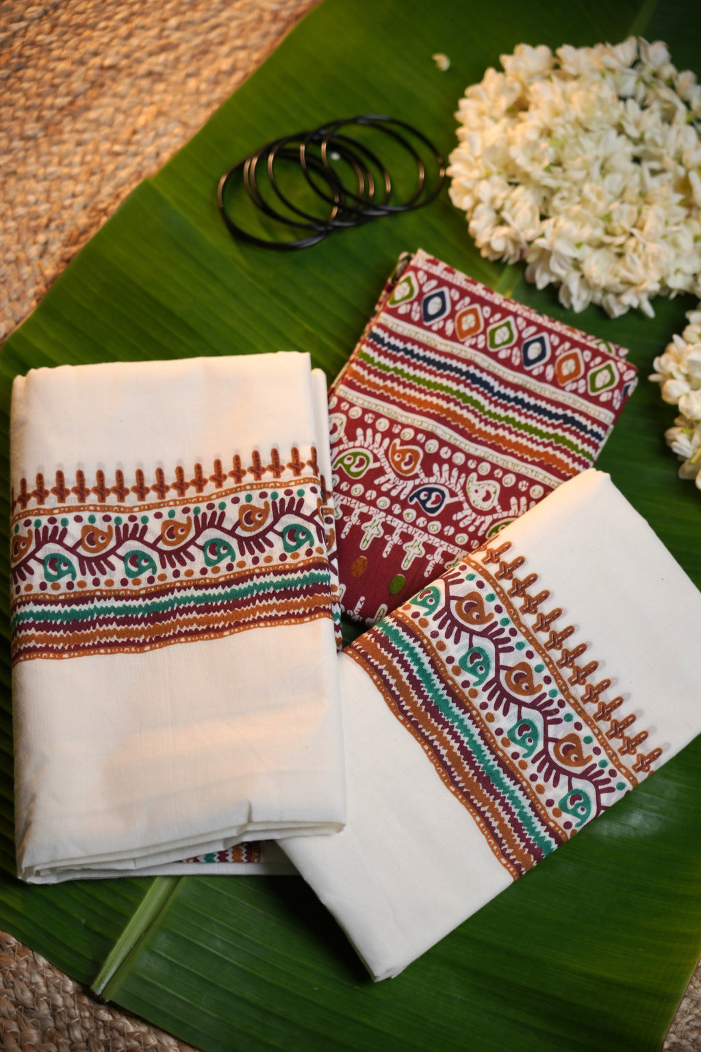 Kerala Traditional Set Mundu with Ajrakh Print & Blouse