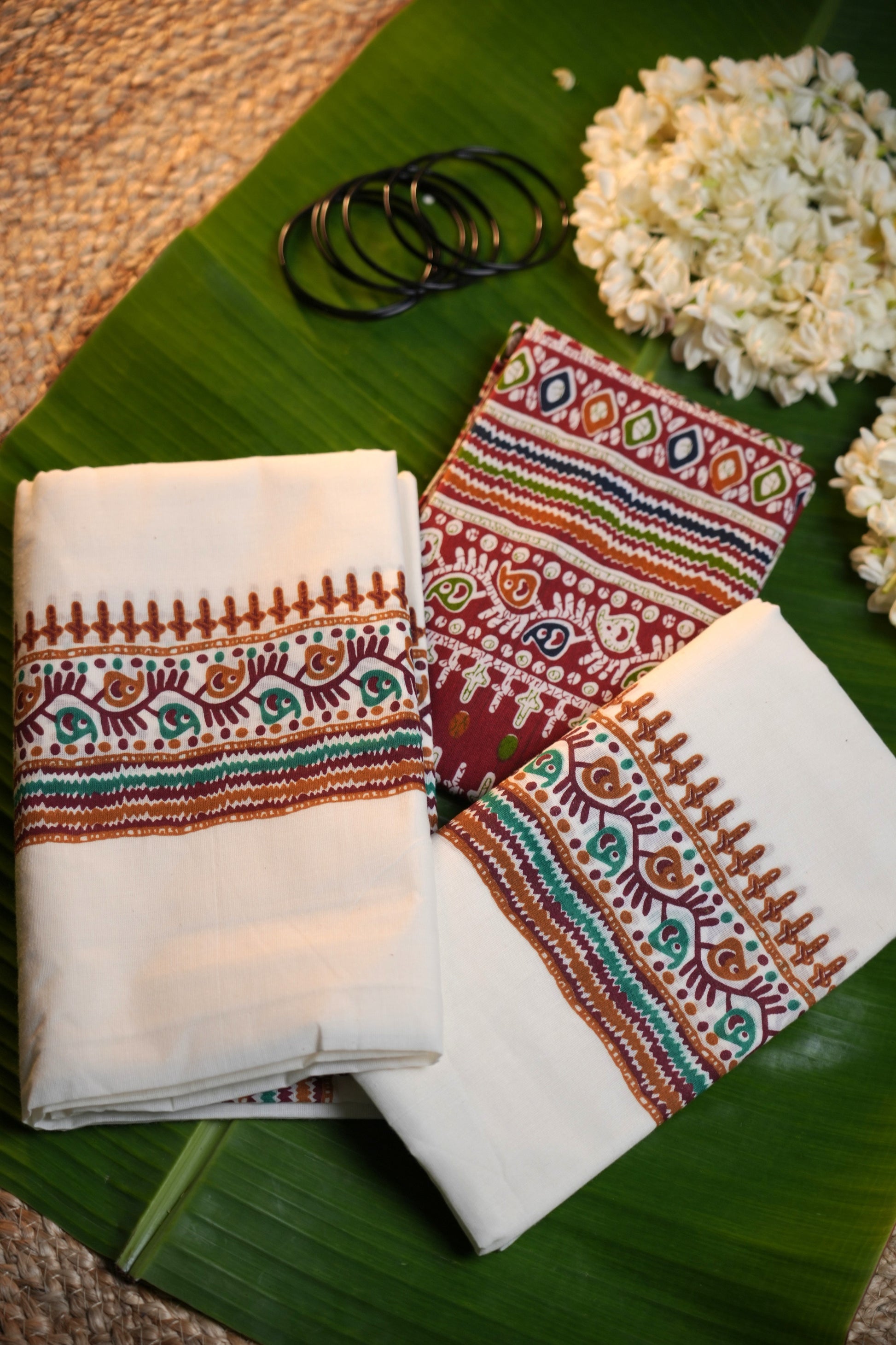 Kerala Traditional Set Mundu with Ajrakh Print & Blouse