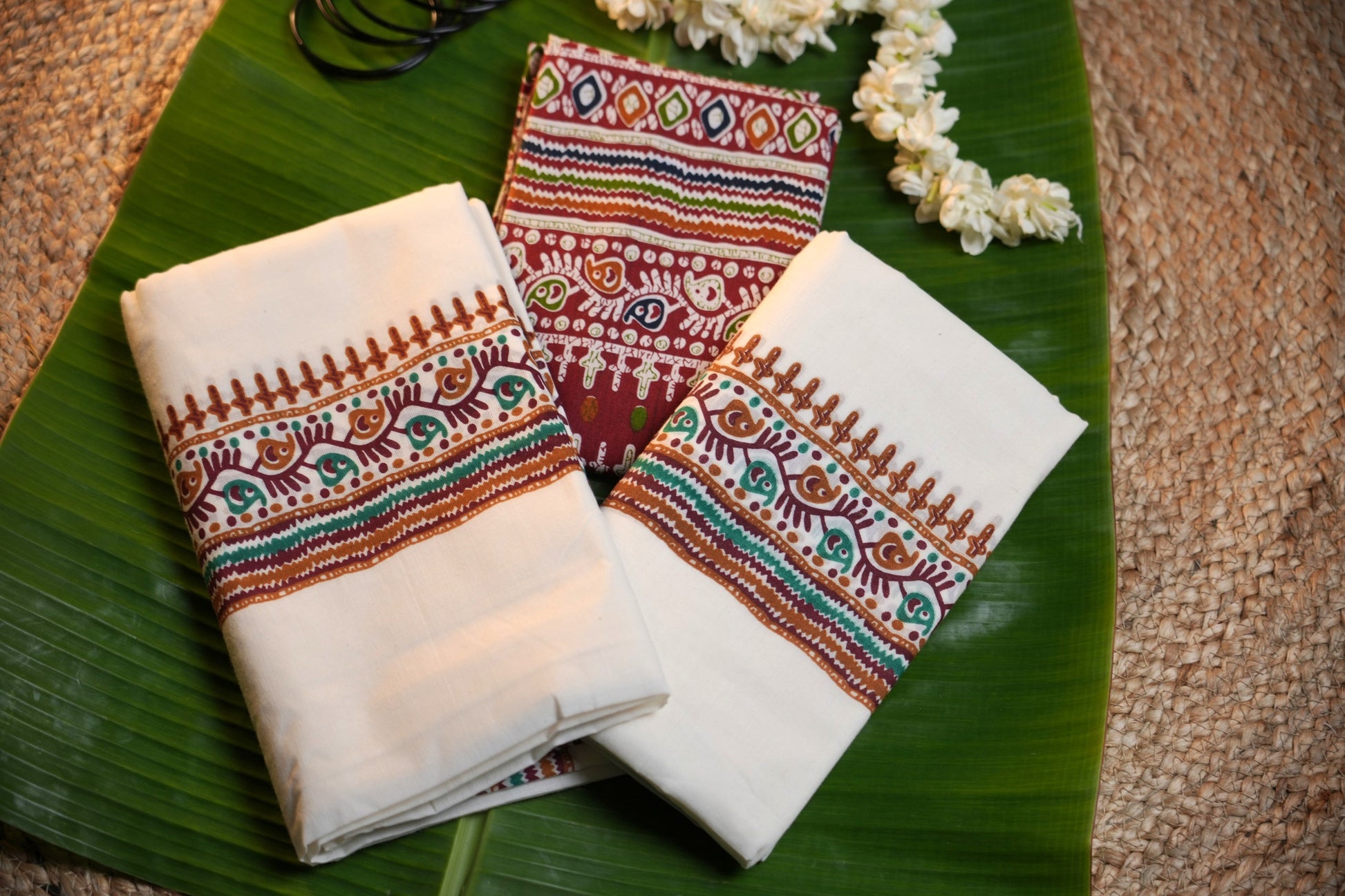 Kerala Traditional Set Mundu with Ajrakh Print & Blouse