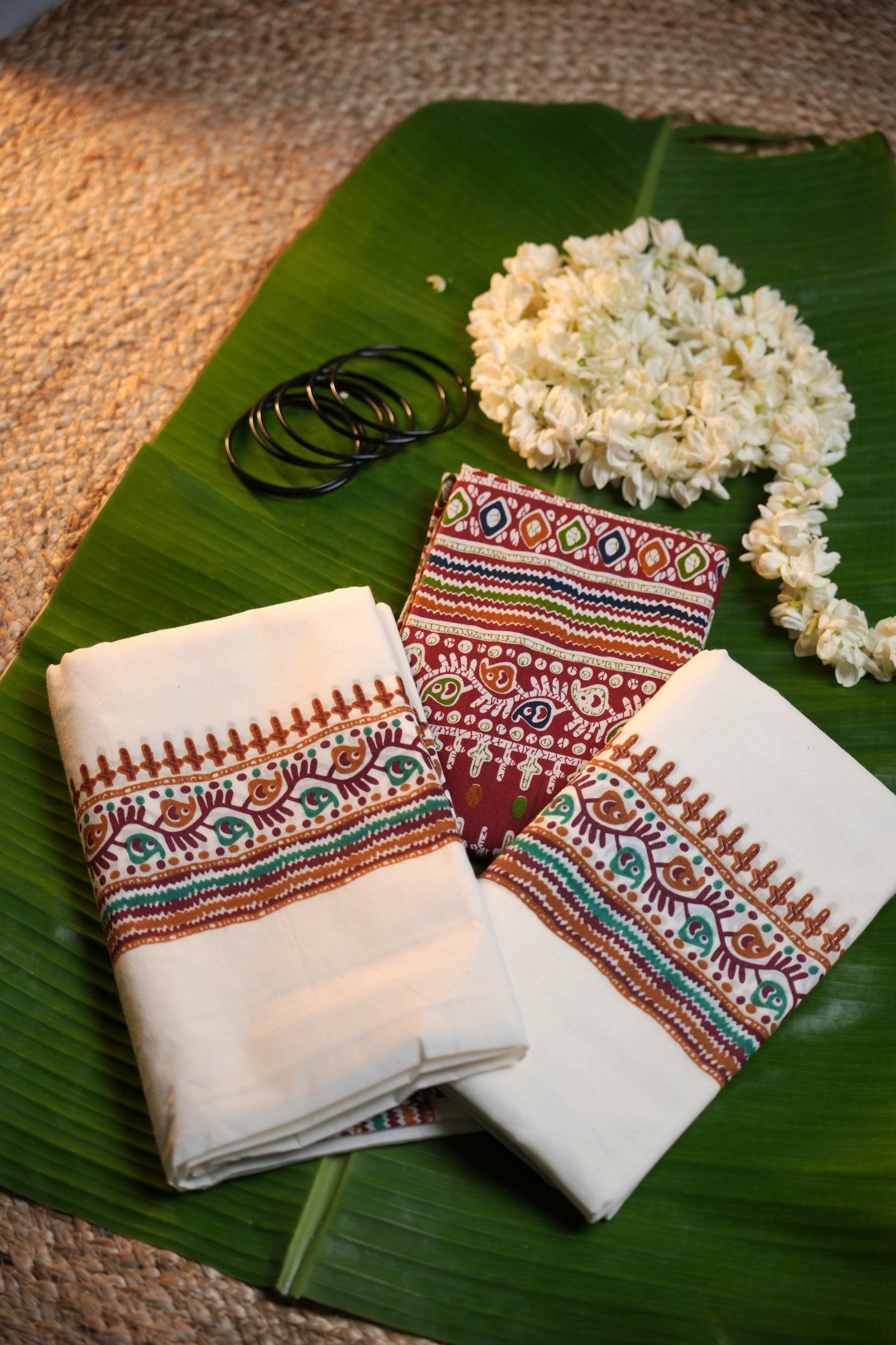 Kerala Traditional Set Mundu with Ajrakh Print & Blouse