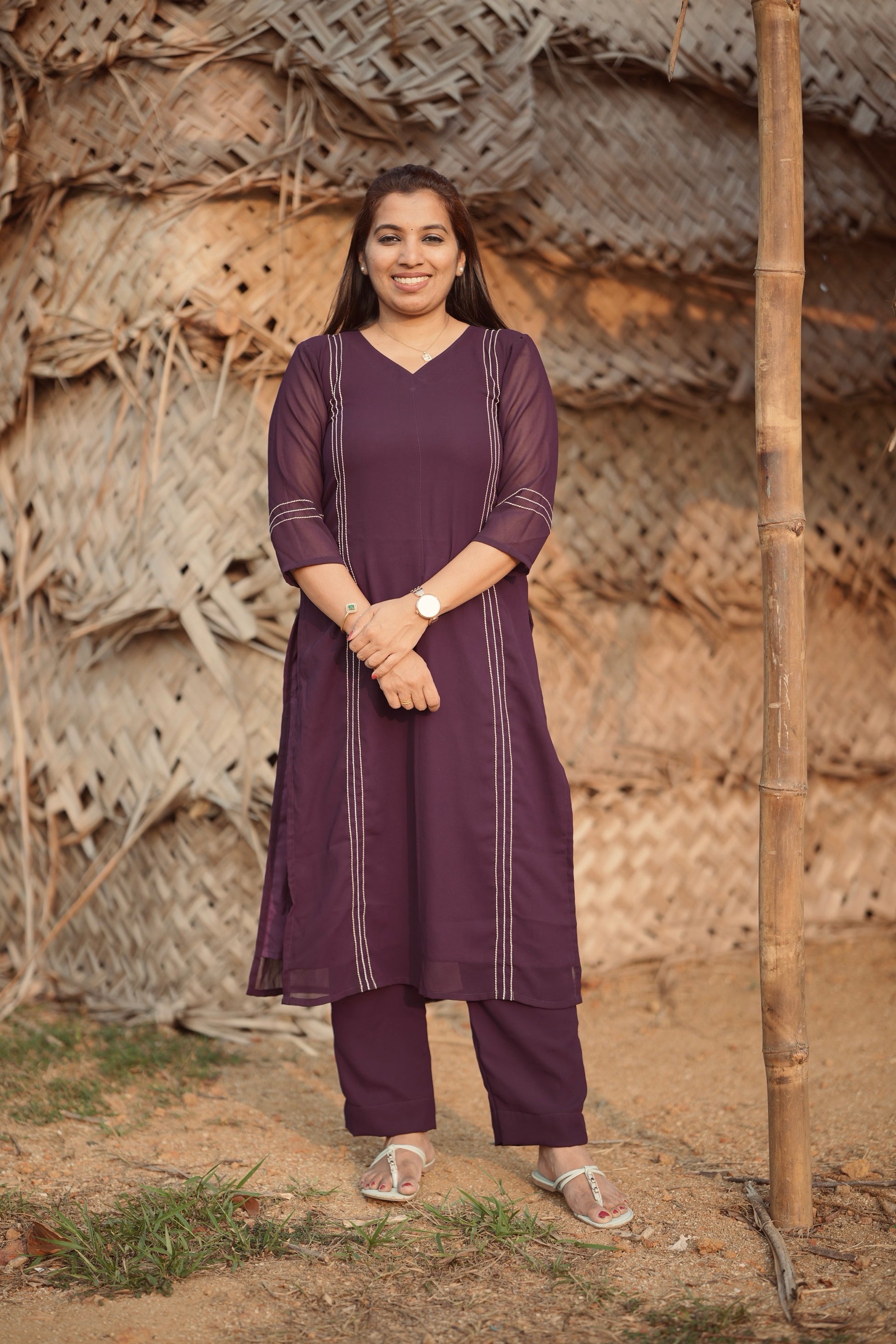 Plum Solid Kurta Three piece Set