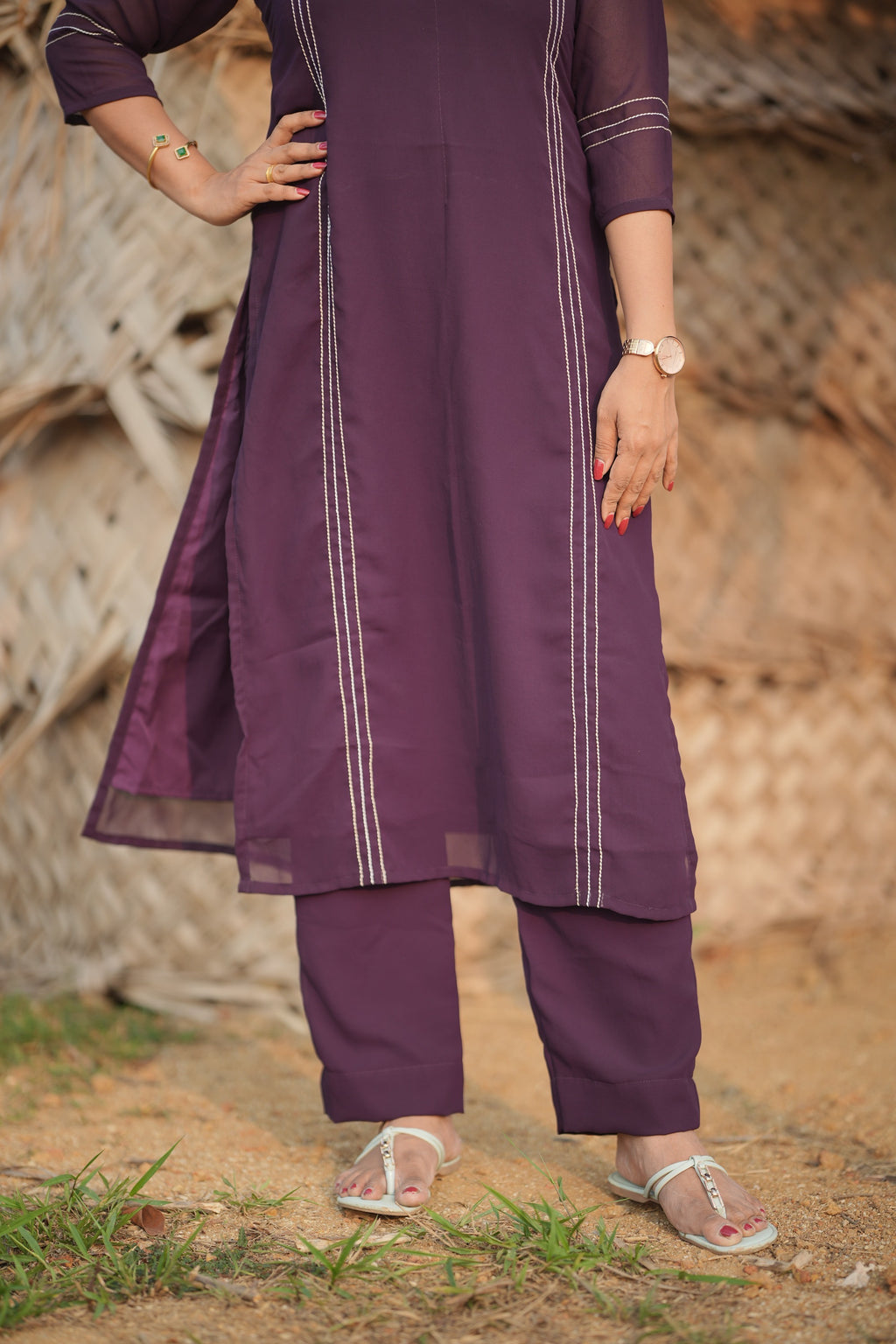 Plum Solid Kurta Three piece Set