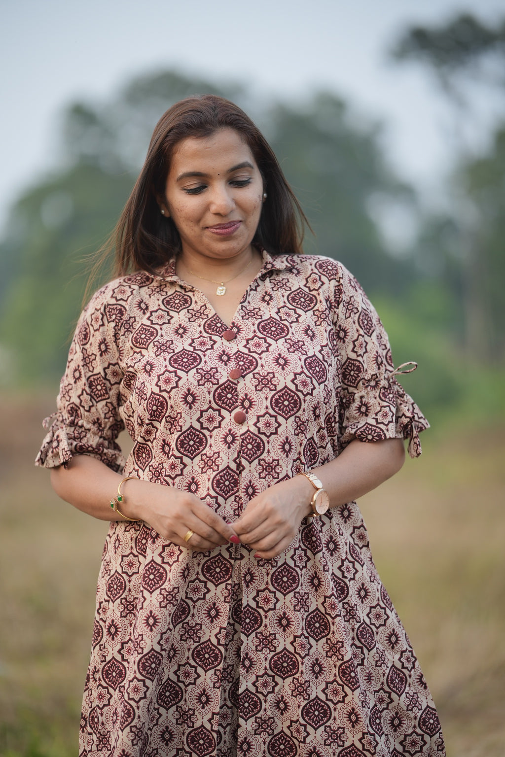 Brown Ajrakh Print Straight Top