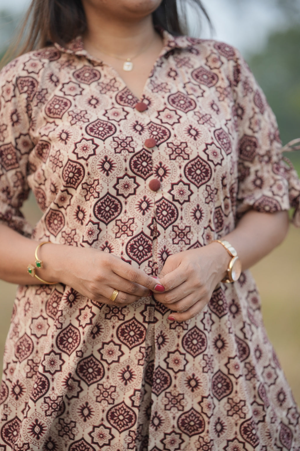 Brown Ajrakh Print Straight Top