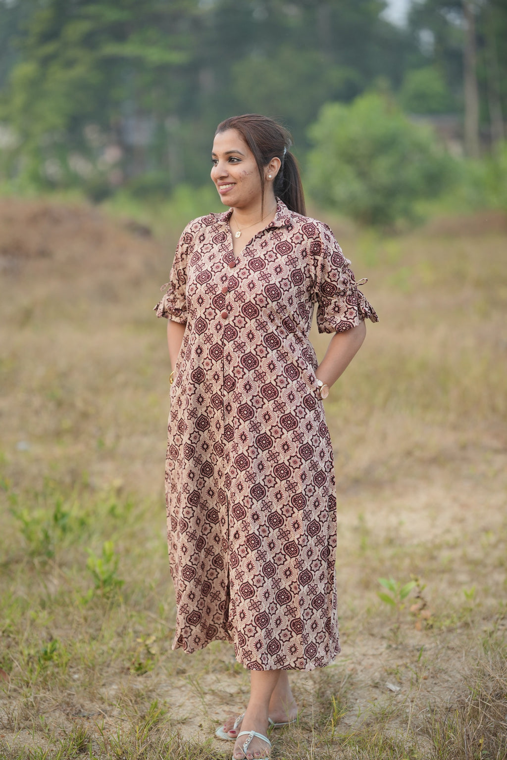 Brown Ajrakh Print Straight Top