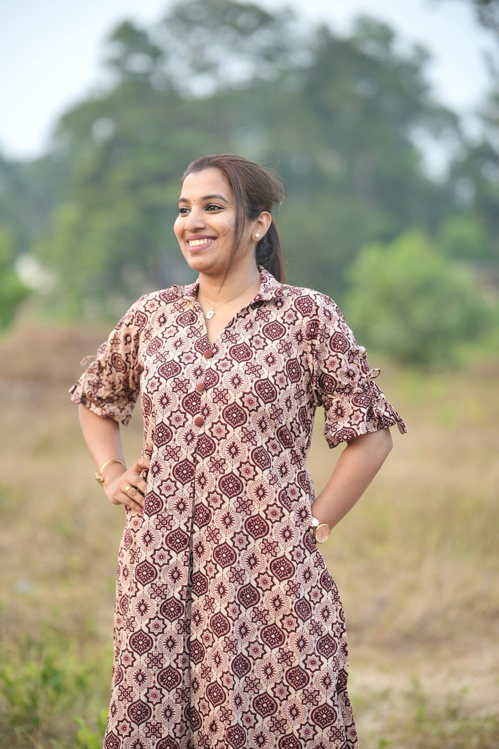 Brown Ajrakh Print Straight Top