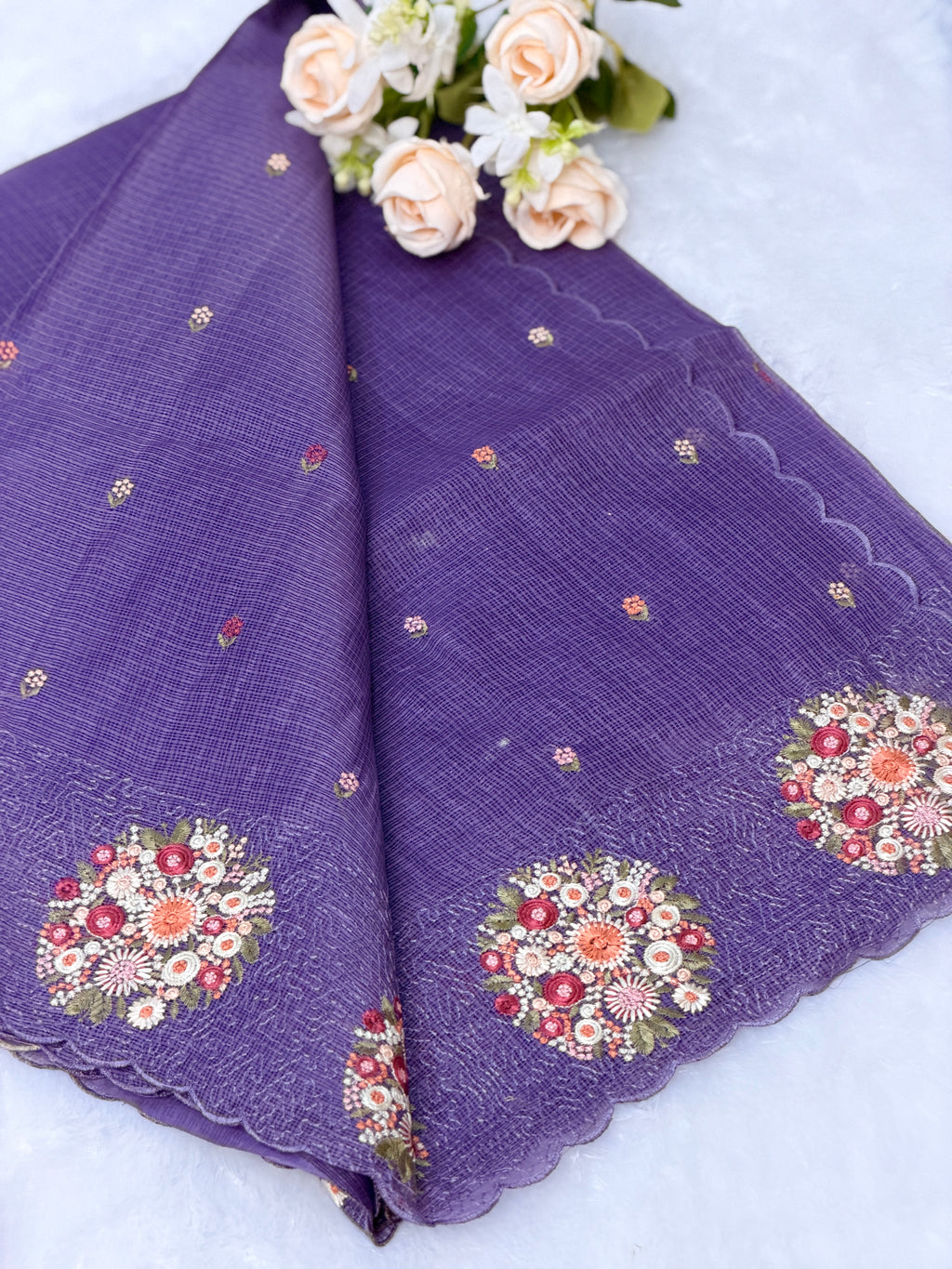 Floral Embroidered Net cotta Saree