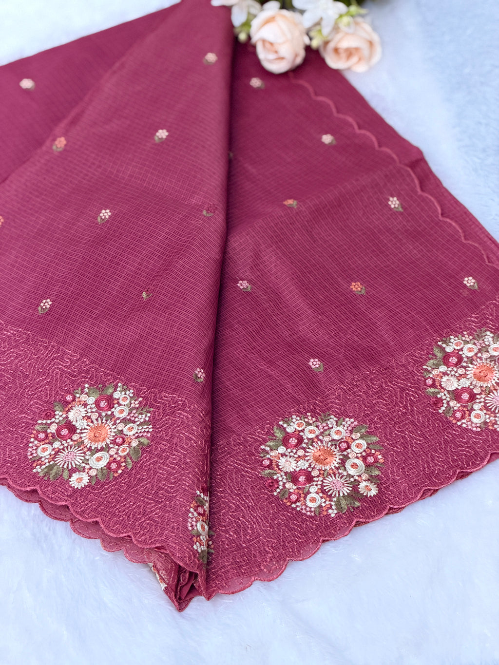 Floral Embroidered Net cotta Saree