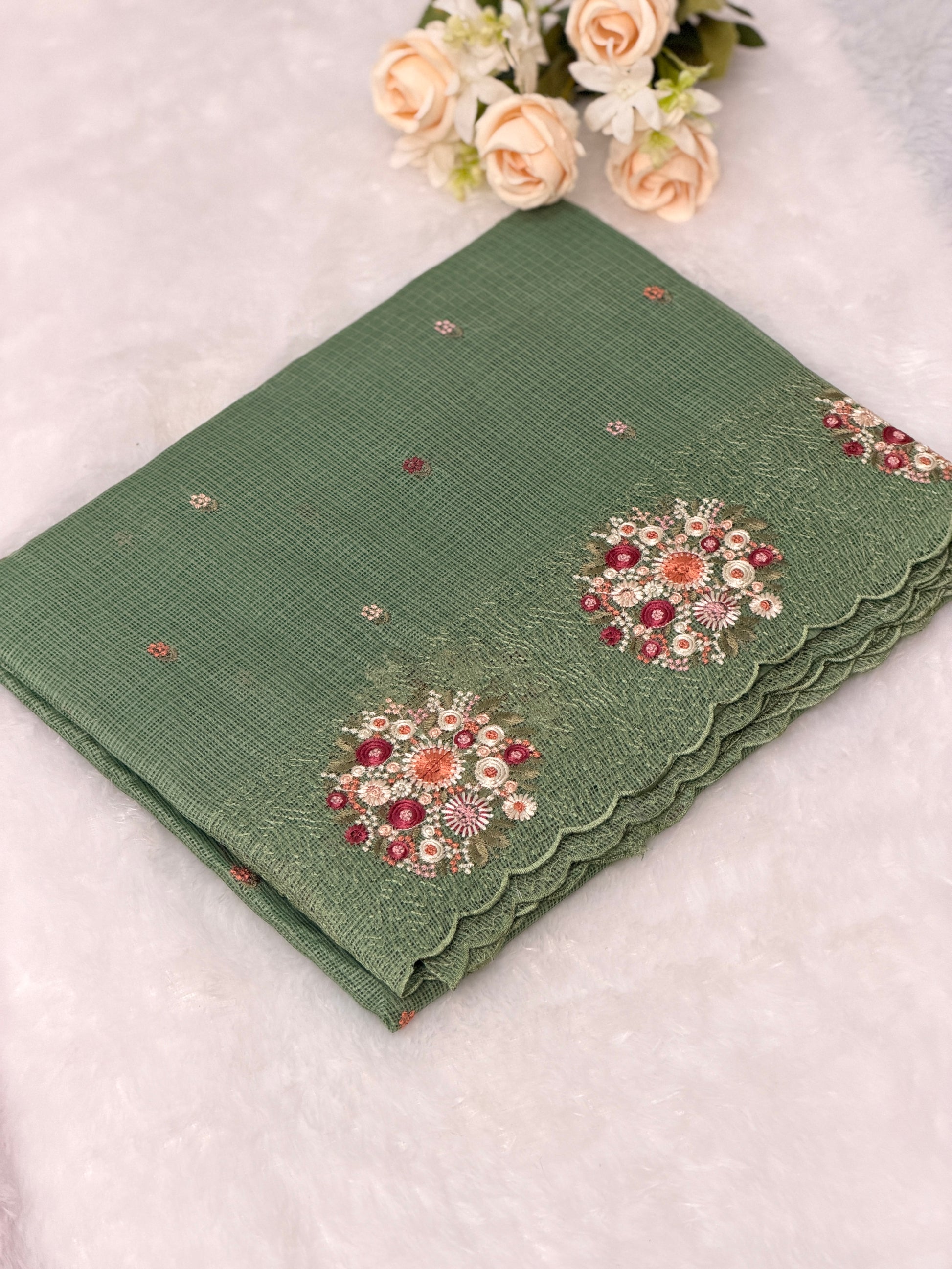 Floral Embroidered Net cotta Saree