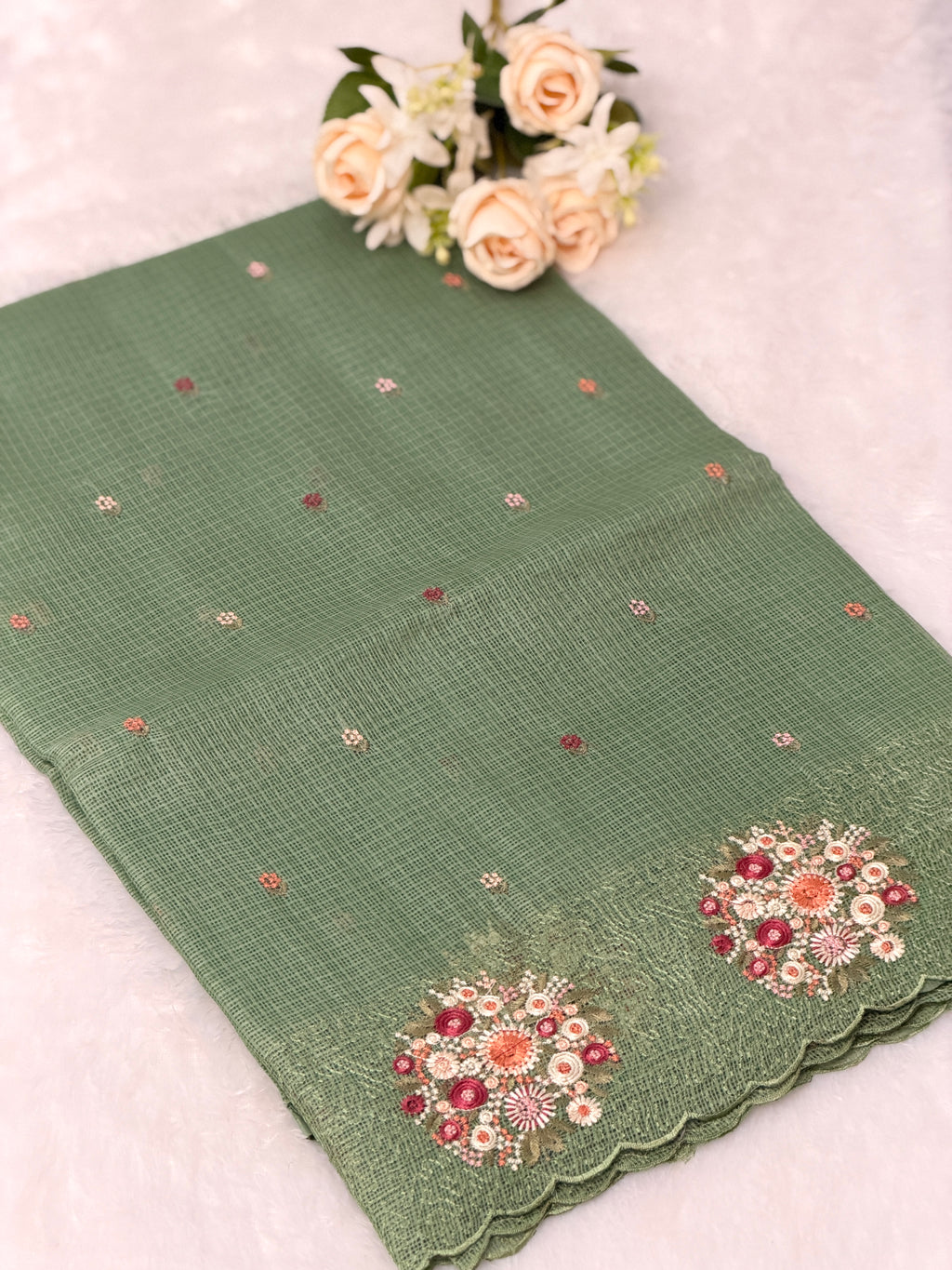 Floral Embroidered Net cotta Saree