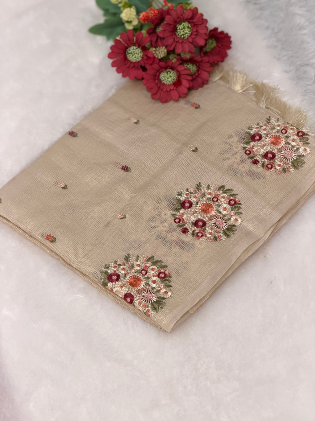Floral Embroidered Net cotta saree