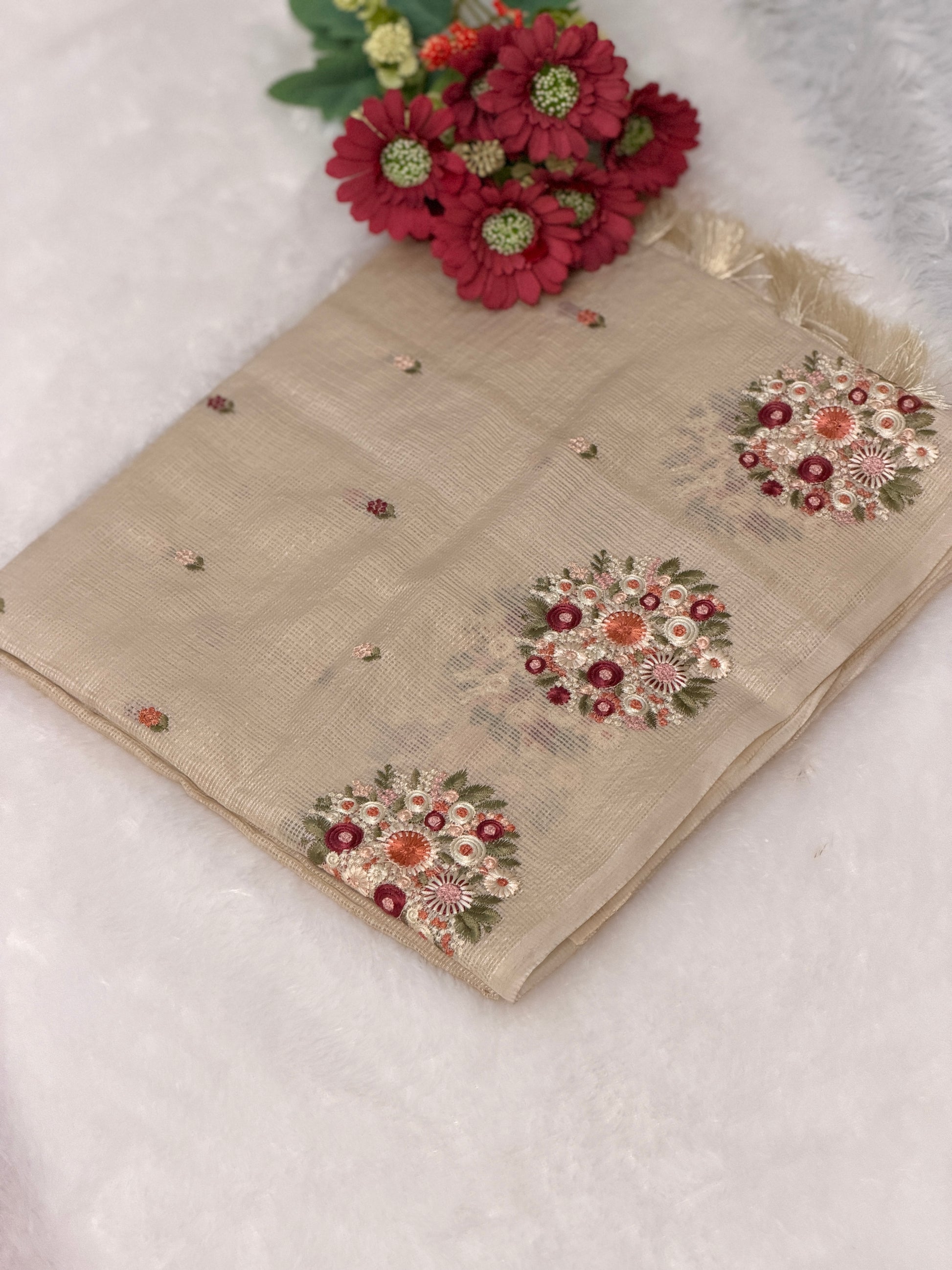 Floral Embroidered Net cotta saree