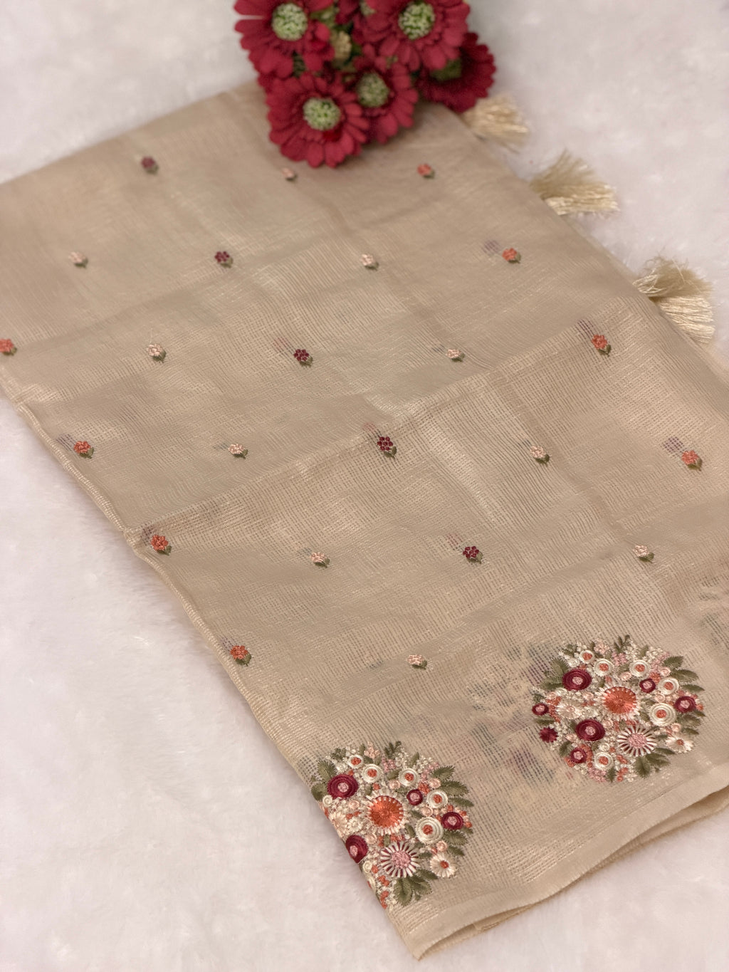 Floral Embroidered Net cotta saree