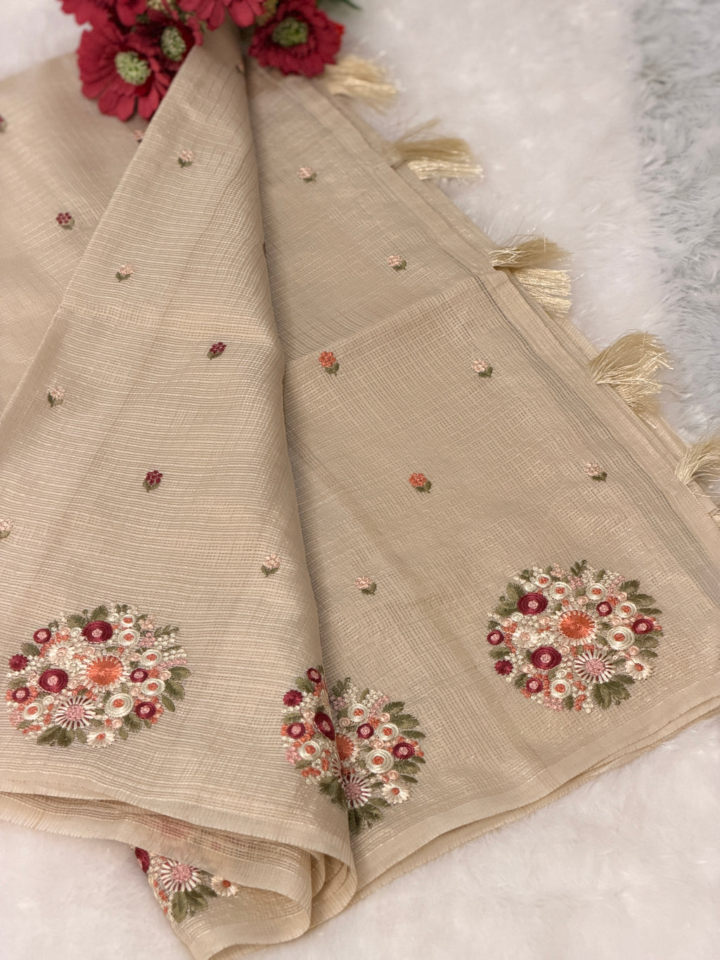 Floral Embroidered Net cotta saree