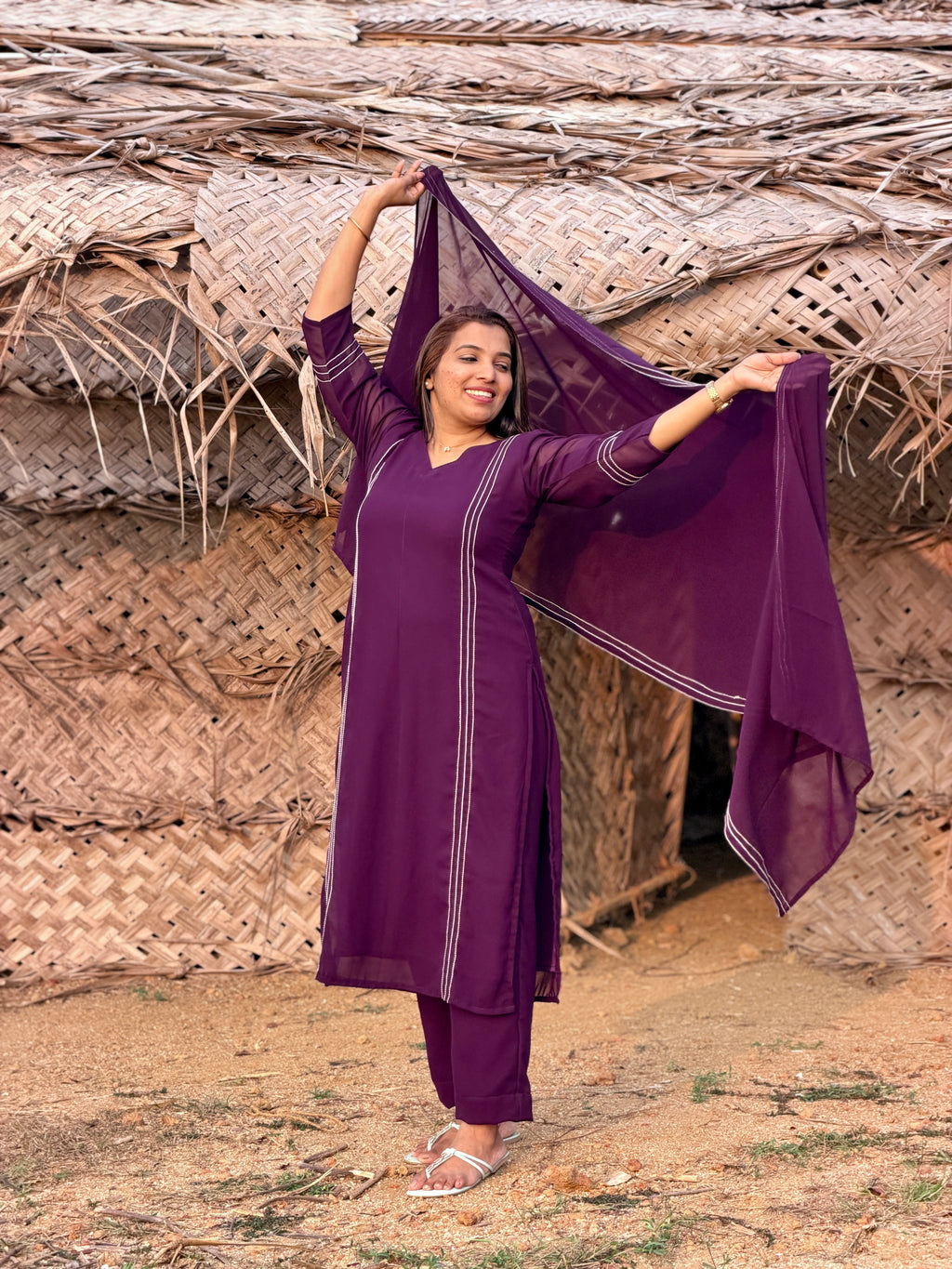 Plum Solid Kurta Three piece Set
