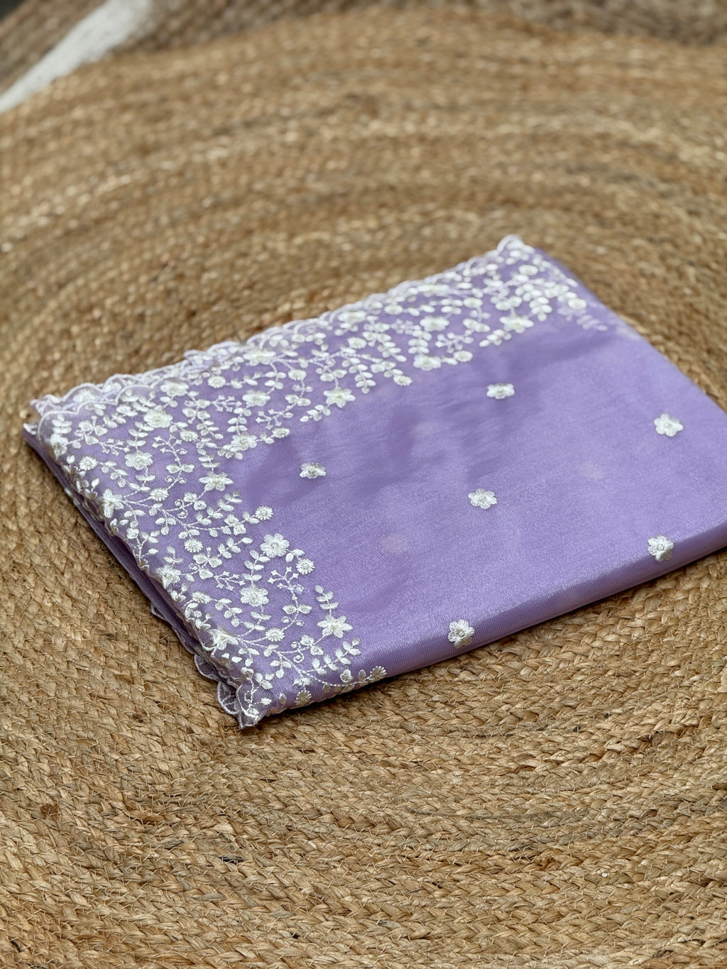 Organza with White Thread Embroidery