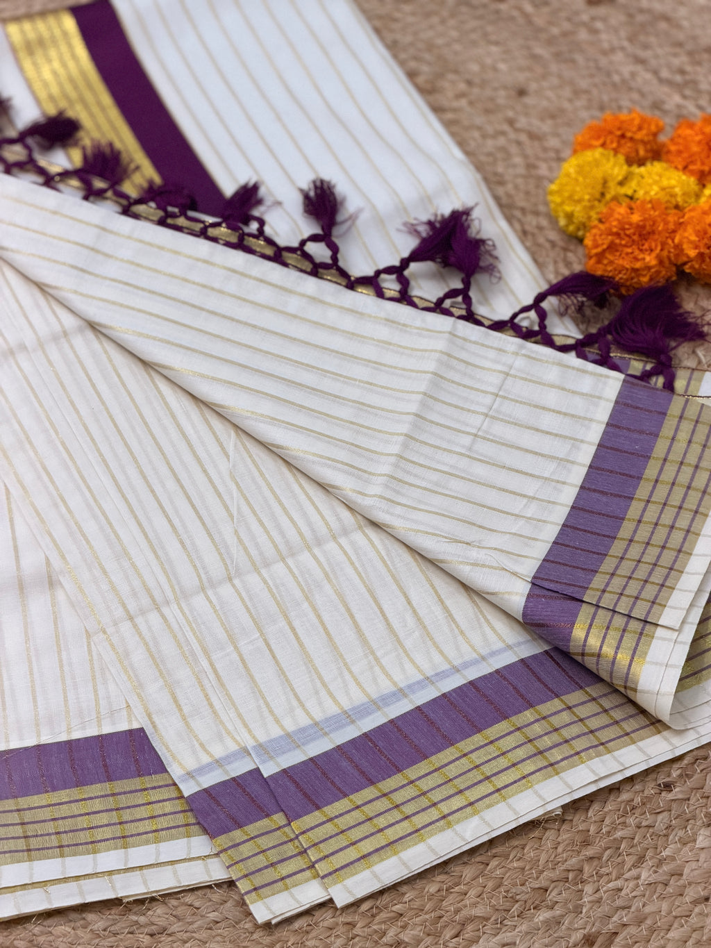 Gold Stripe Kerala set Saree