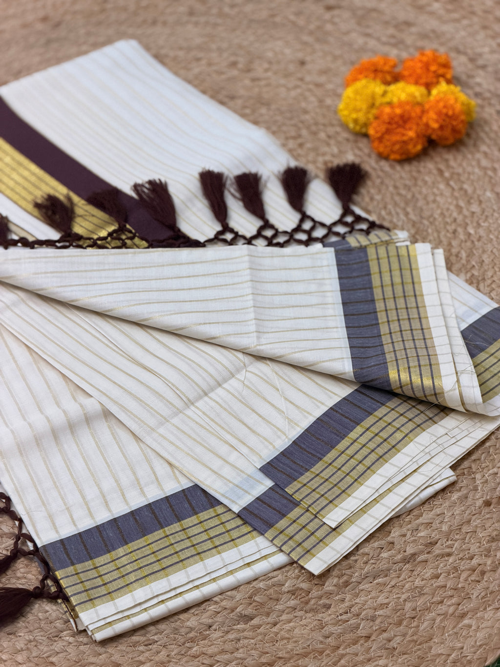Gold Stripe Kerala set Saree