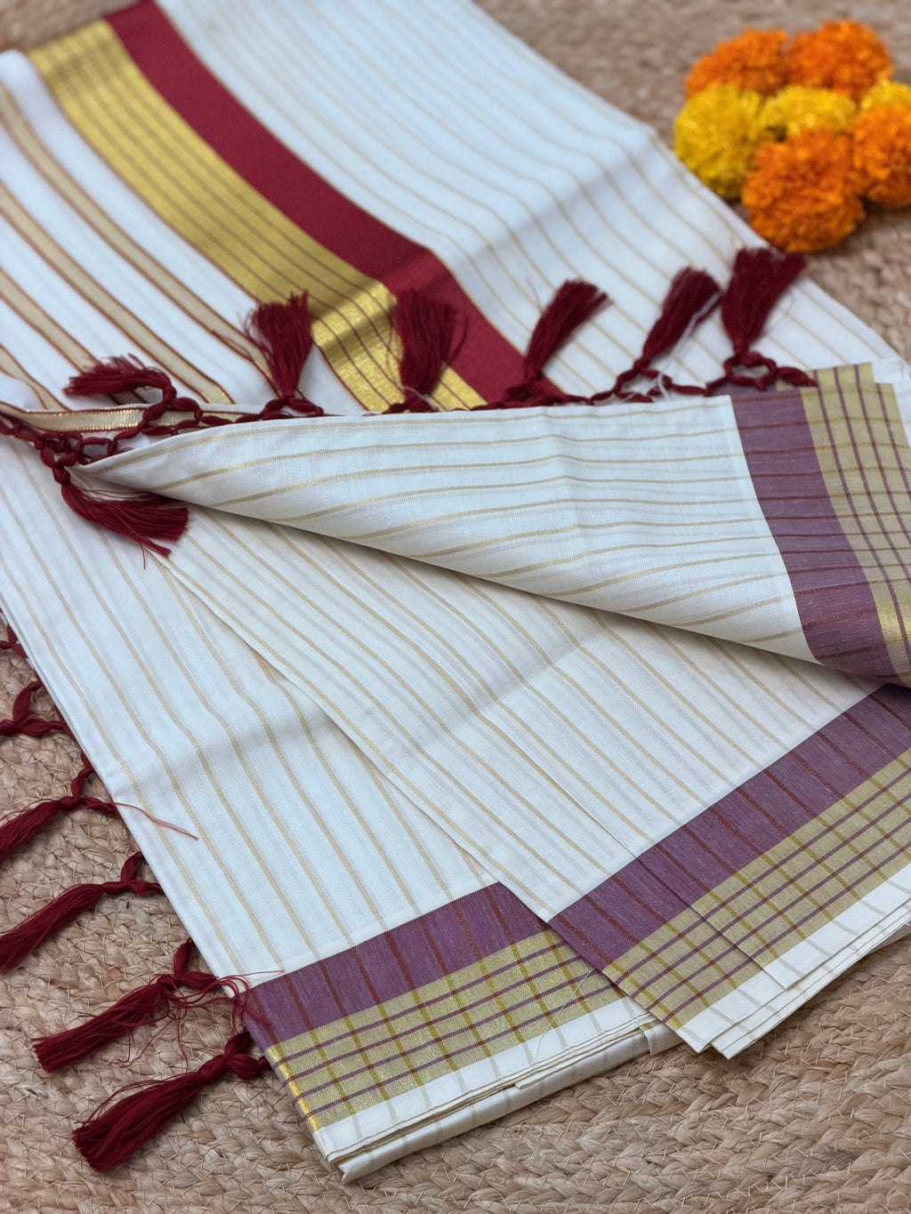 Gold Stripe Kerala set Saree