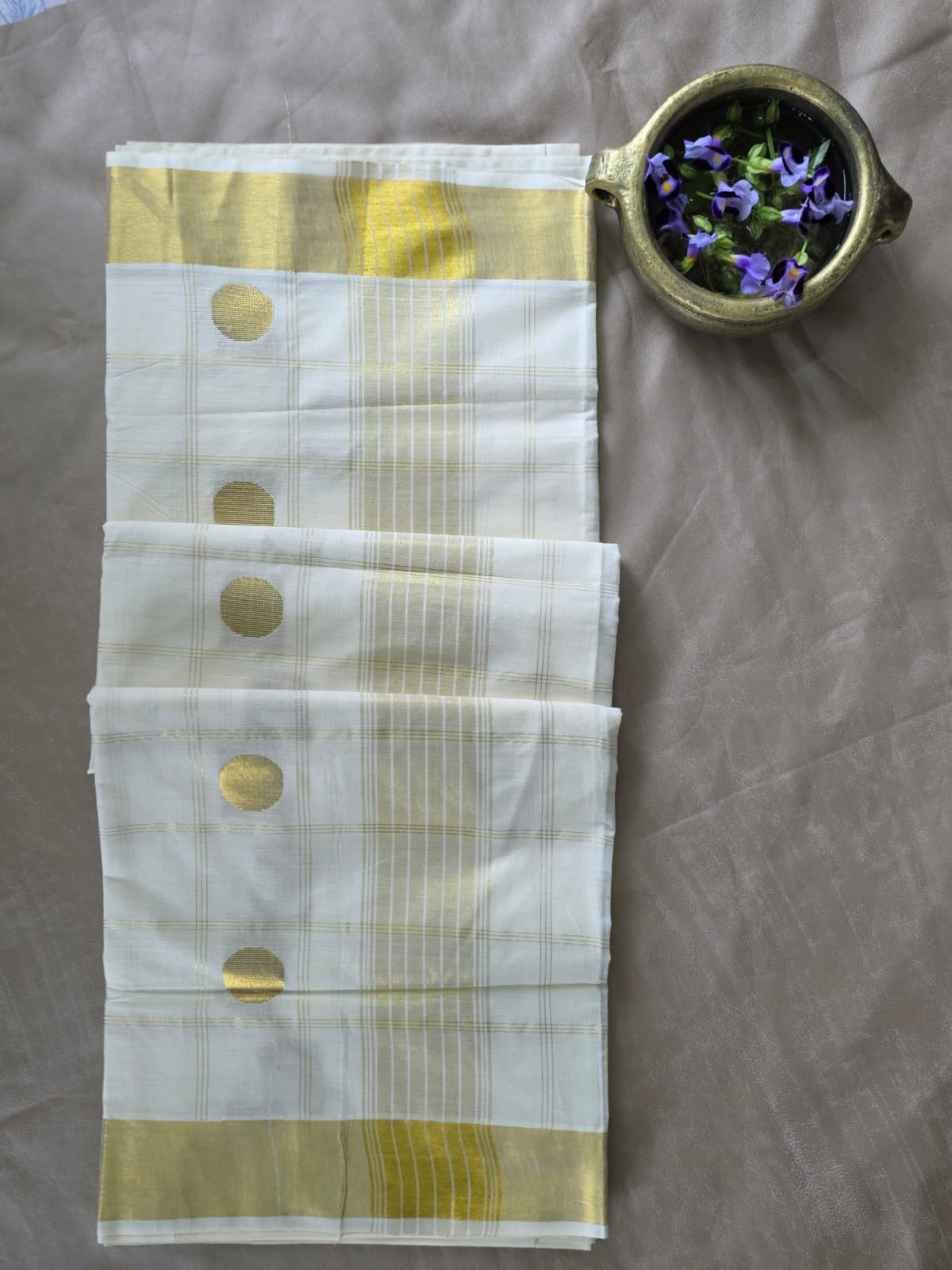 Kerala Saree -golden polka dot