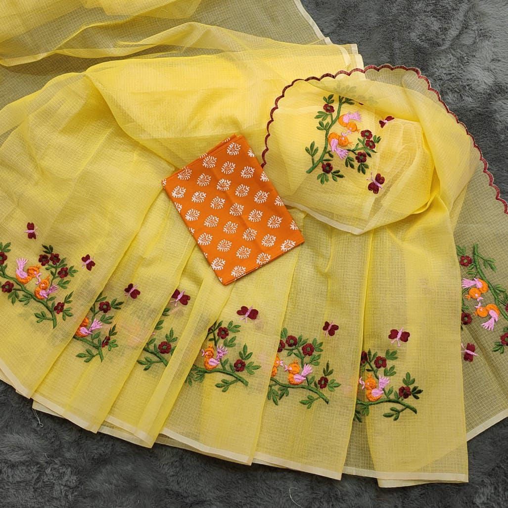 Soft Net Kota Embroidery Saree with Printed Blouse