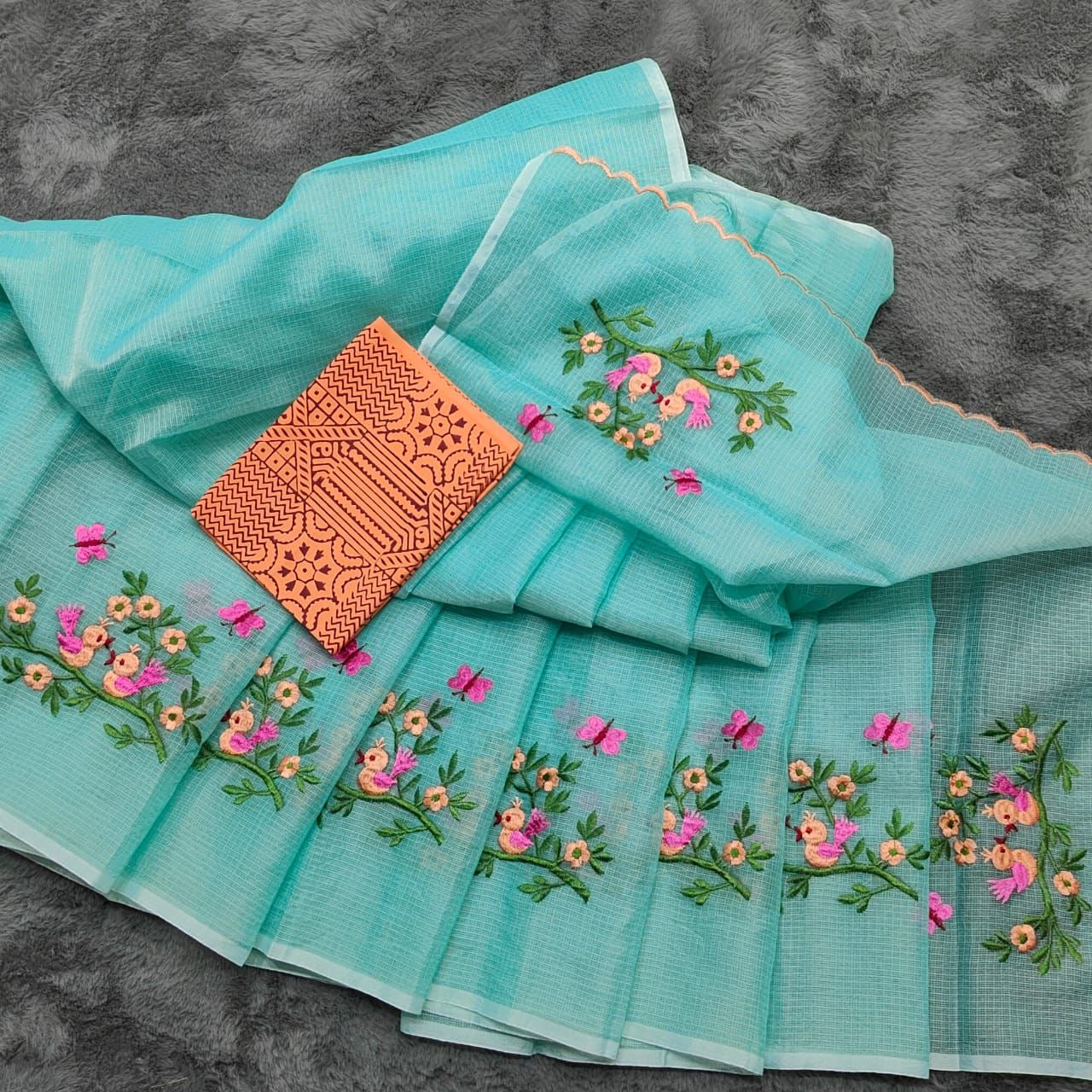 Soft Net Kota Embroidery Saree with Printed Blouse