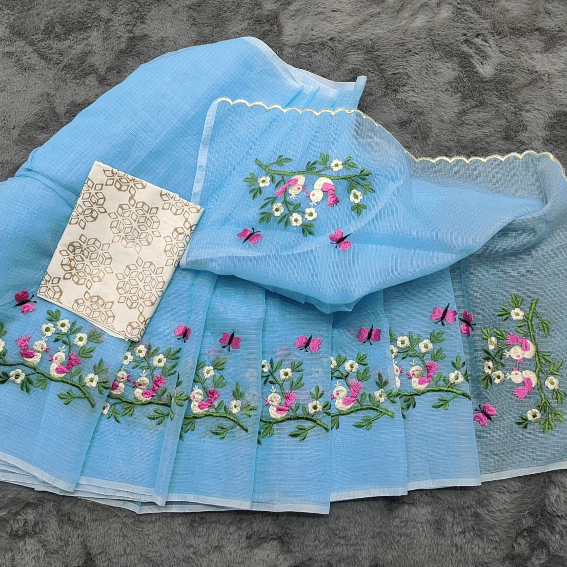 Soft Net Kota Embroidery Saree with Printed Blouse