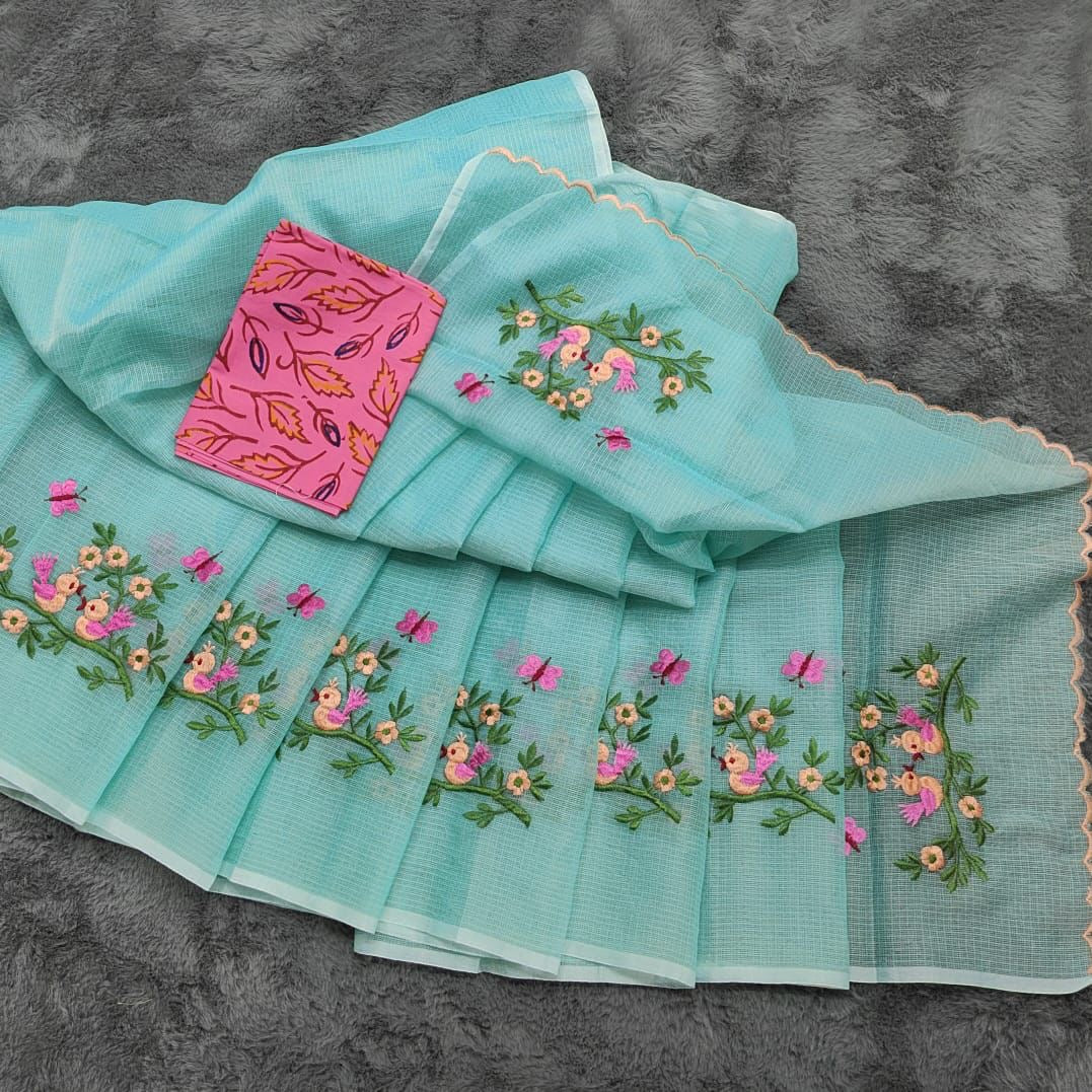 Soft Net Kota Embroidery Saree with Printed Blouse