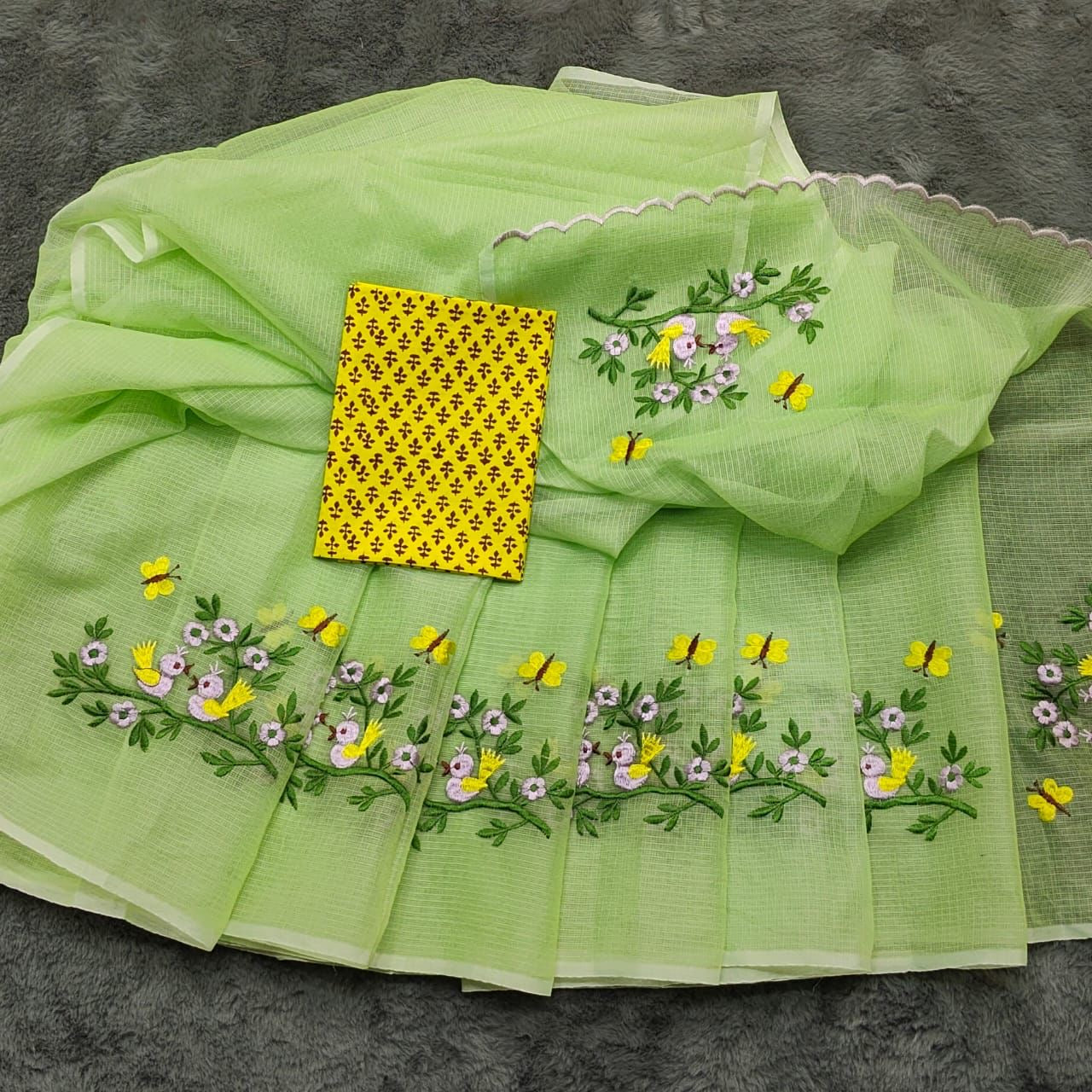 Soft Net Kota Embroidery Saree with Printed Blouse