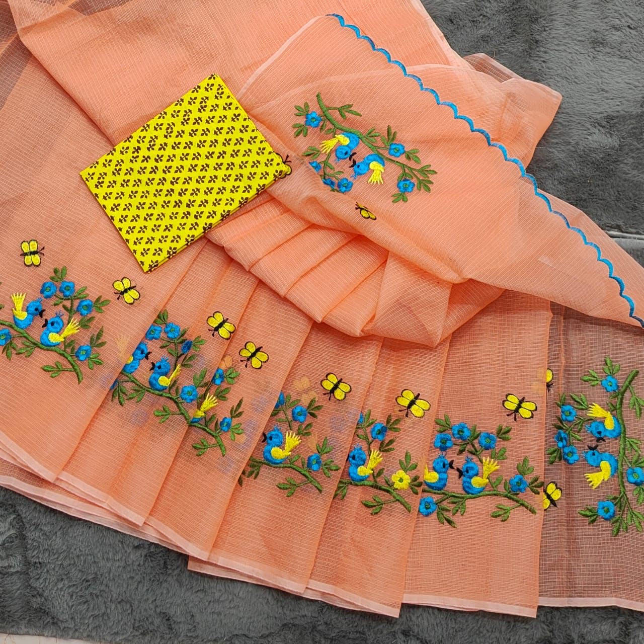 Soft Net Kota Embroidery Saree with Printed Blouse